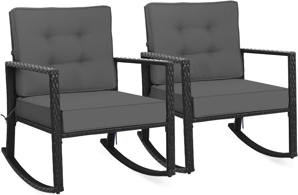 Tangkula 2 Pieces Wicker Rocking Chairs, Outdoor Glider Rattan Rocker Chair with Heavy-Duty Steel Frame, Patio Wicker Furniture Seat with 5' Thick Cushion for Garden, Porch, Backyard, Poolside