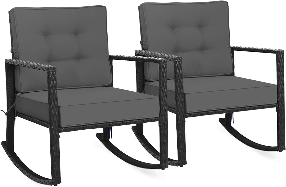 Tangkula 2 Pieces Wicker Rocking Chairs, Outdoor Glider Rattan Rocker Chair with Heavy-Duty Steel Frame, Patio Wicker Furniture Seat with 5' Thick Cushion for Garden, Porch, Backyard, Poolside