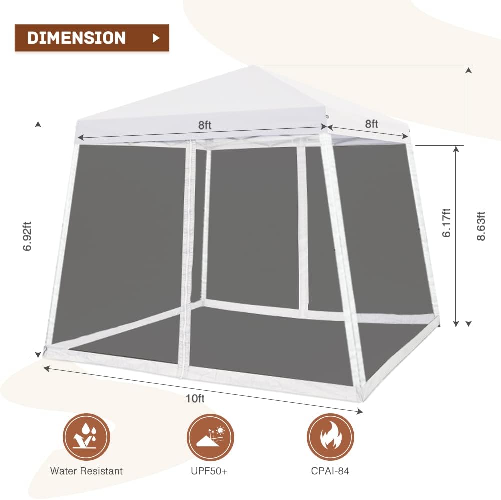 10x10 Pop Up Canopy Tent, Slant Leg Instant Screened Gazebo with Mesh Walls, UV Protection, Water Resistant, White