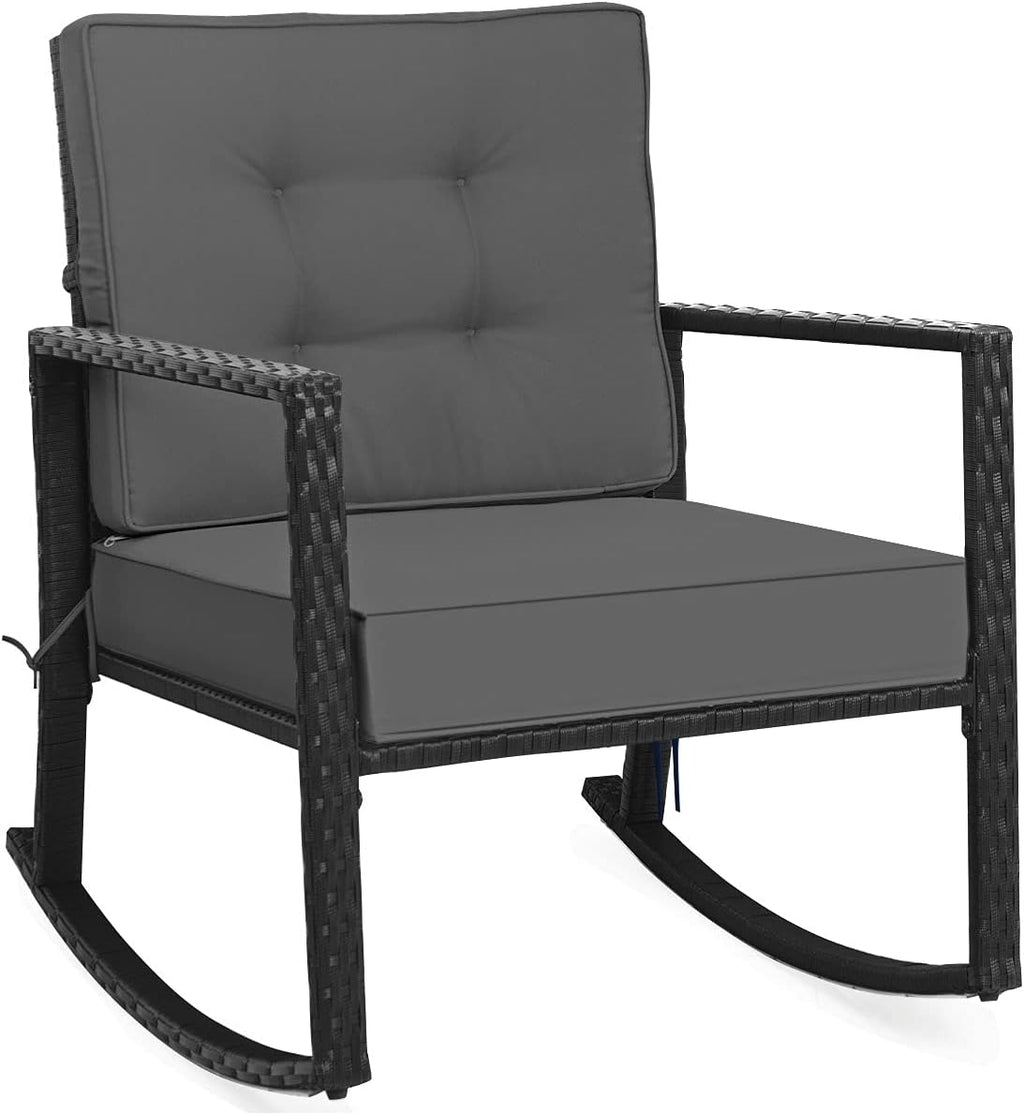 Tangkula 2 Pieces Wicker Rocking Chairs, Outdoor Glider Rattan Rocker Chair with Heavy-Duty Steel Frame, Patio Wicker Furniture Seat with 5' Thick Cushion for Garden, Porch, Backyard, Poolside