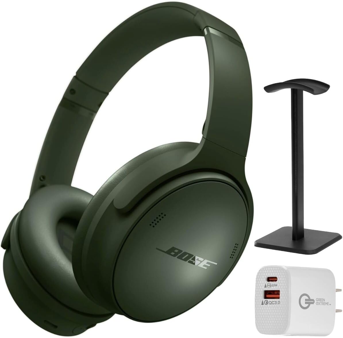 Bose QuietComfort Headphones - Wireless Bluetooth Headphones, Active Over Ear Noise Cancelling and Mic, Deep Bass Bundle + Desktop Headphone Stand + Green Extreme Dual Wall Charger (Cypress Green)