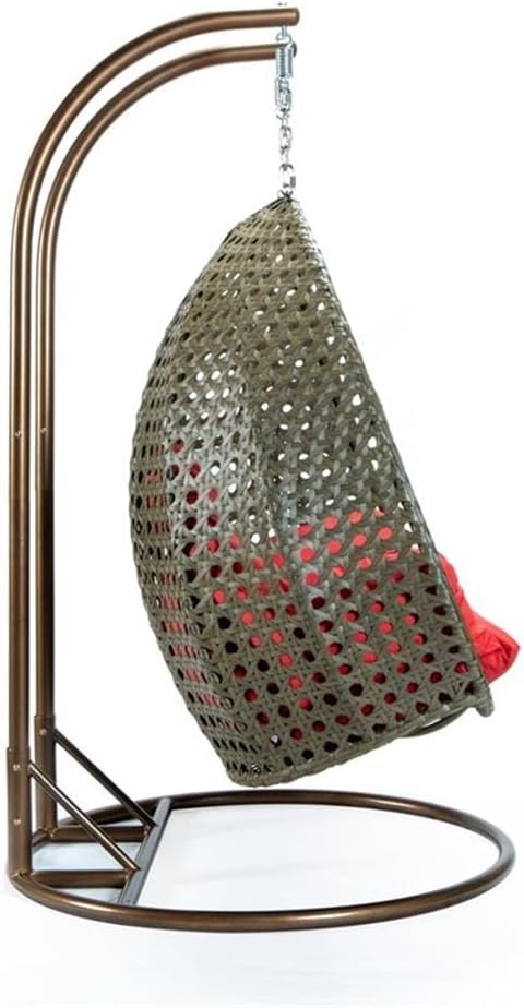 LeisureMod 2 Person Wicker Egg Chair Outdoor Indoor Bedroom Patio Hanging Lounge Swing Hammock Chairs with Beige Stand and UV Resistant Cushions (Red)