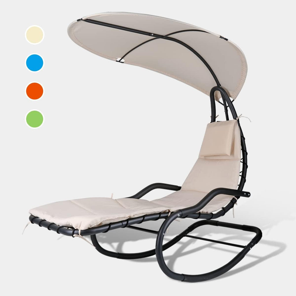 Outdoor Hammock Rocking Chaise Lounge Swing Chair, with Stand and Canopy, Porch Swing w/Soft Cushion Removable Headrest, Outdoor Recliner Rocking Chair for Garden Backyard Poolside (Beige)