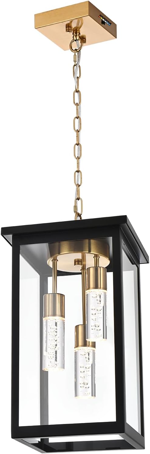 Yaohong 17' Large 5CCT LED Outdoor Pendant Light, 3-Lights Modern Black and Brushed Brass Hanging Ceiling Fixture with Acrylic Column & Clear Glass, Weatherproof Chandelier for Porch Gazebo
