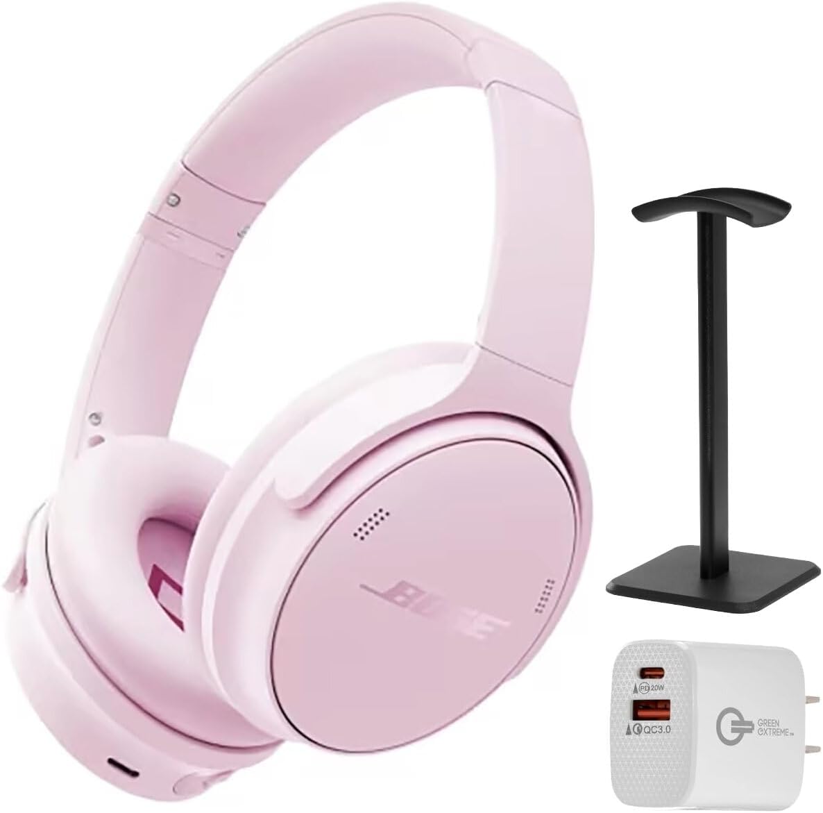 Bose QuietComfort Headphones - Wireless Bluetooth Headphones, Active Over Ear Noise Cancelling and Mic, Deep Bass Bundle + Desktop Headphone Stand + Green Extreme Dual Wall Charger (Petal Pink)