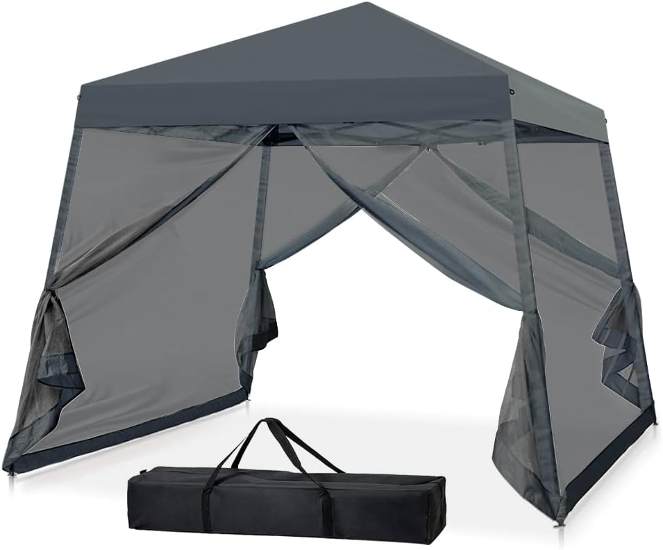 10x10 Pop Up Canopy Tent, Slant Leg Instant Screened Gazebo with Mesh Walls, UV Protection, Water Resistant, Gray