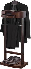 Wood Suit Valet Stand With Drawer Top Tray Freestanding Clothing Valet Stand Suit With Contour Hanger Trouser Bar Tie & Belt Hooks And Shoe Rack Clothes Rack Organizer Storage (Dark Brown B)