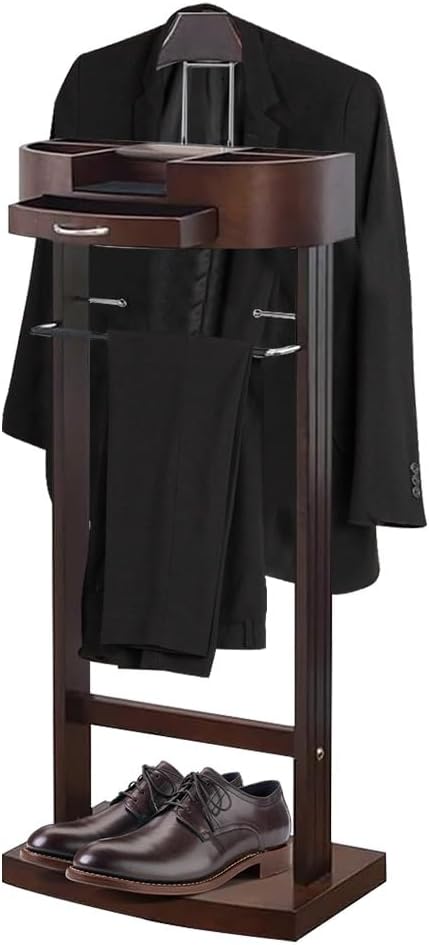 Wood Suit Valet Stand With Drawer Top Tray Freestanding Clothing Valet Stand Suit With Contour Hanger Trouser Bar Tie & Belt Hooks And Shoe Rack Clothes Rack Organizer Storage (Dark Brown B)