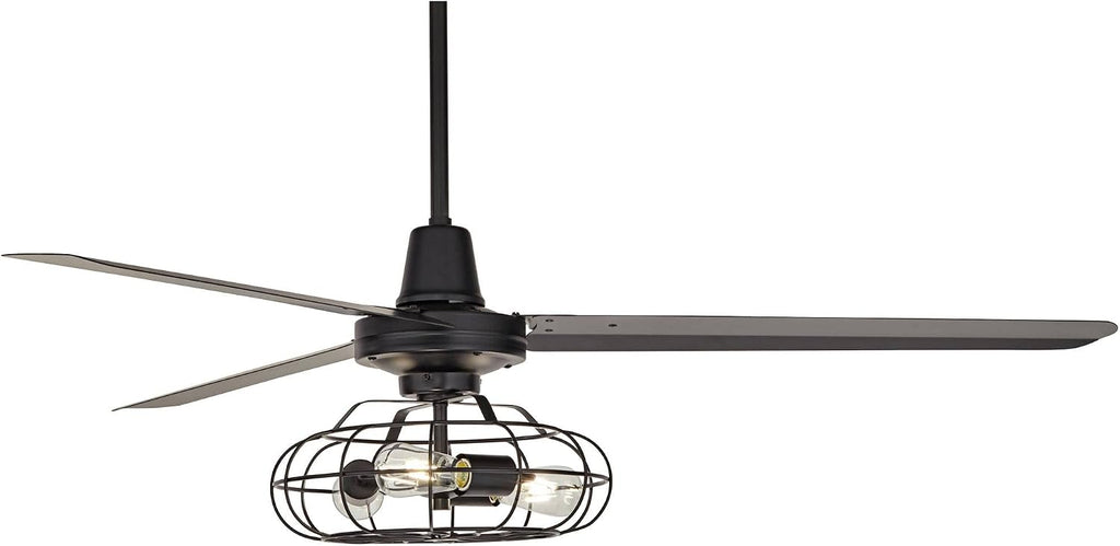 Casa Vieja 60' Turbina Modern Industrial 3 Blade Indoor Outdoor Ceiling Fan with LED 3-Light Remote Control Matte Black Cage Damp Rated for Patio Exterior House Porch Gazebo Garage Barn