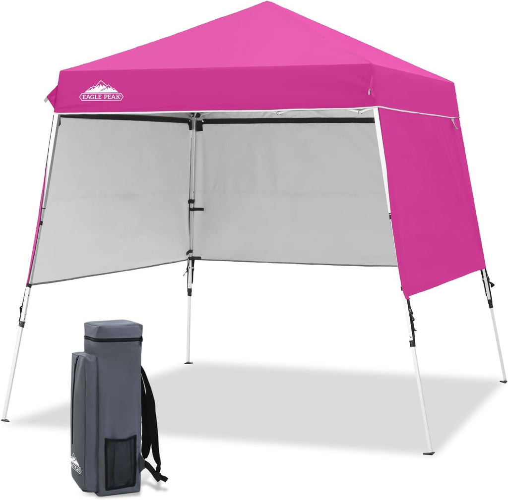 EAGLE PEAK Day Tripper 8x8 Aluminum Super-Lightweight Slant Leg Pop Up Canopy with 3 Removable Walls, Instant Outdoor Backpack Canopy Tent, Outside Beach Folding Sun Shelter, 8x8 Base 6x6 Top, Pink