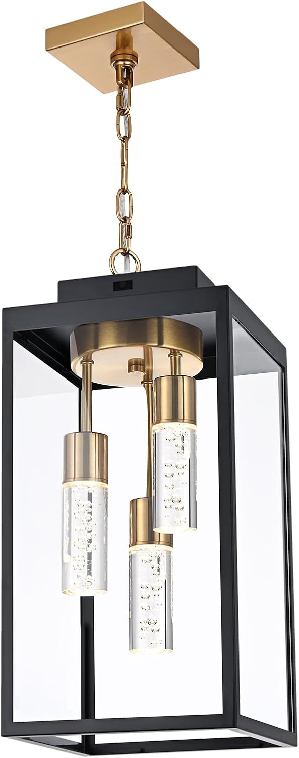 MELUCEE 5 Color Dimmable LED Exterior Lantern Hanging Light Ceiling Mount with Clear Glass, Black 16 Inch Outdoor Pendant Light Outside Chandelier for Porch Garage Gazebo Patio, Built-in LED Chips