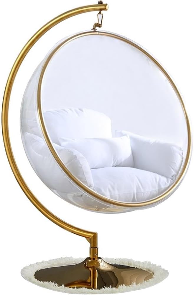 Meridian Furniture Luna Collection Modern | Contemporary Clear Acrylic Accent Swing Chair with Gold Metal Base and Durable Fabric Seat, 41.5' W x 29.5' D x 64' H, White