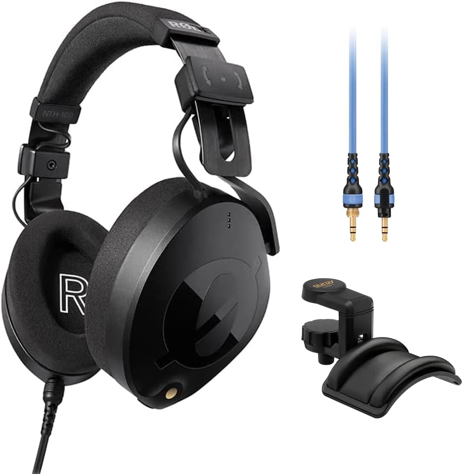Rode NTH-100 Professional Closed-Back Over-Ear Headphones Bundle NTH-Cable (Blue, 3.9') and Auray Headphones Holder