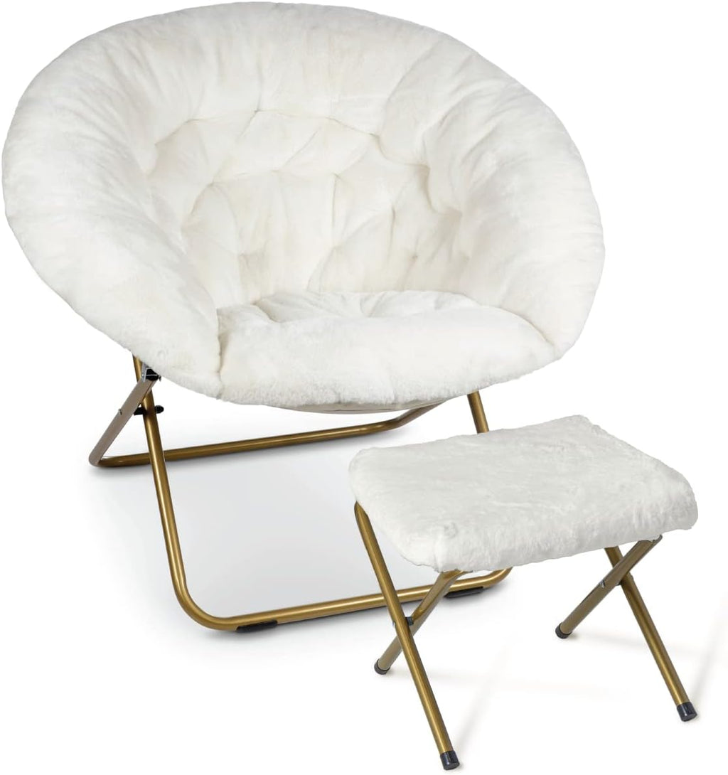 Milliard Cozy Chair/Faux Fur Saucer Chair for Bedroom/X-Large (White + Footrest)