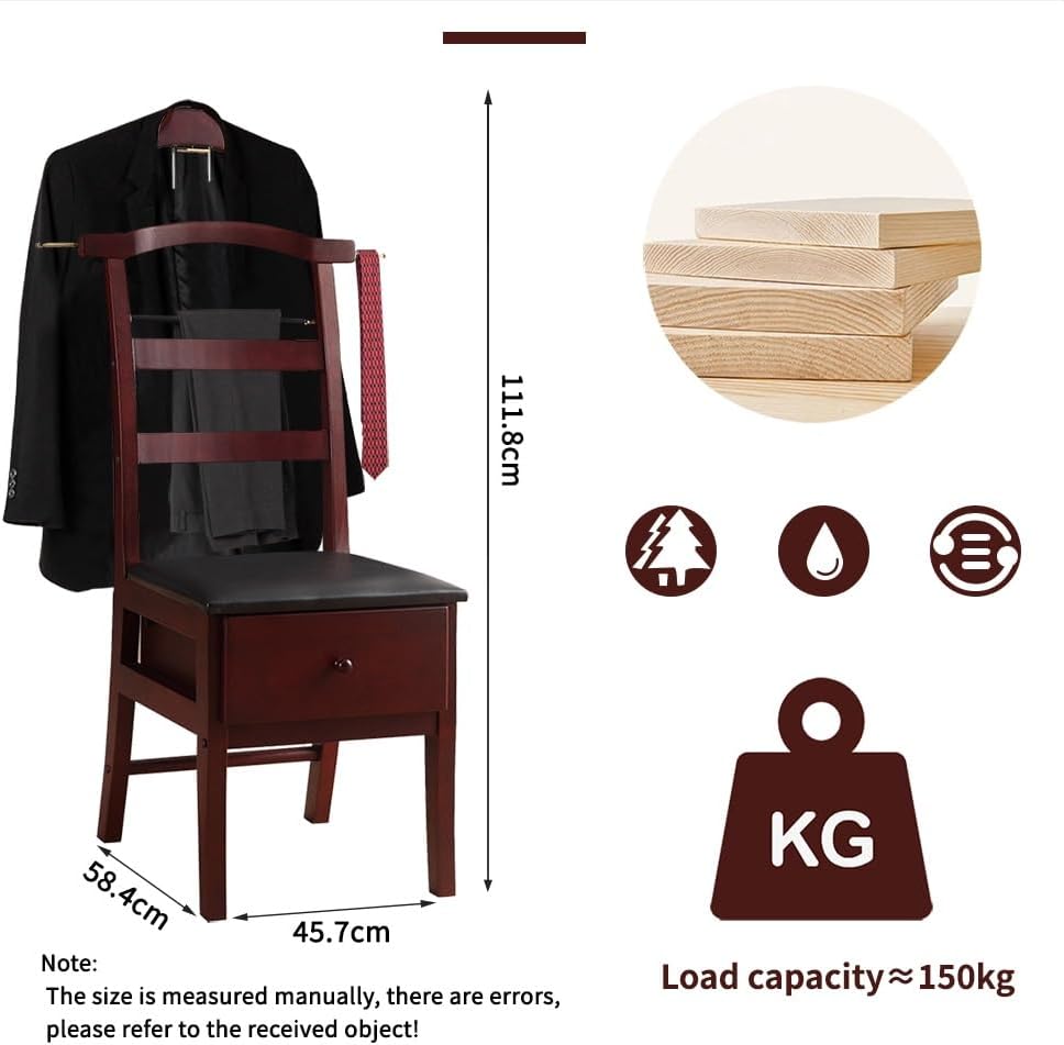 Wooden Suit Valet Stand with Contour Hanger Chair Valet with Drawer Trouser Bar and Tie & Belt Bar Freestanding Clothes Valet Stand Organizer Storage for Men and Women(Dark Brown)