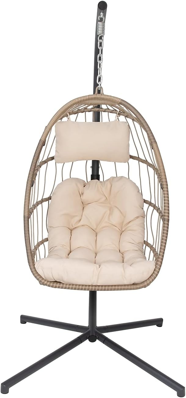 Flash Furniture Cleo Indoor/Outdoor Patio Hanging Egg Chair - Natural Frame with Cream Seat Cushions - Black Powder Coated C-Style Stand - Hanging Hardware Included