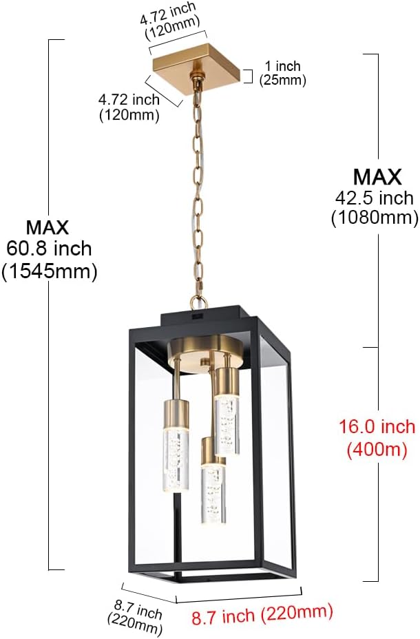 MELUCEE 5 Color Dimmable LED Exterior Lantern Hanging Light Ceiling Mount with Clear Glass, Black 16 Inch Outdoor Pendant Light Outside Chandelier for Porch Garage Gazebo Patio, Built-in LED Chips