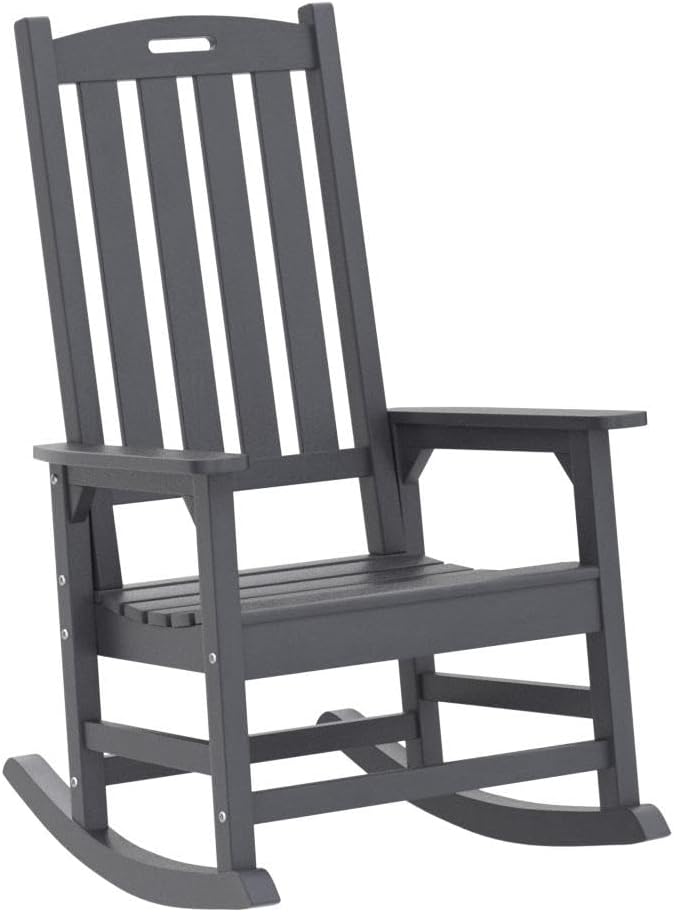 Psilvam Oversized Outdoor Rocking Chair Set of 2, HDPE Porch Rocker Chairs for Adults, All Weather Resistant Rocking Chairs for Patio Lawn Garden, 350lbs Weight Capacity (Black)