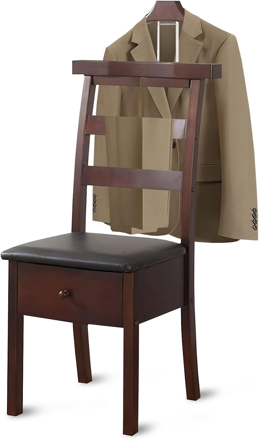 Chair Valet with cushioned seat Freestanding Suit Stand&Clothes Butler Wood Valet Stand with Drawer&Tray Clothing Rack with Contour Hanger Trouser Bar Suit Rack for Living Room Office Dressing Room