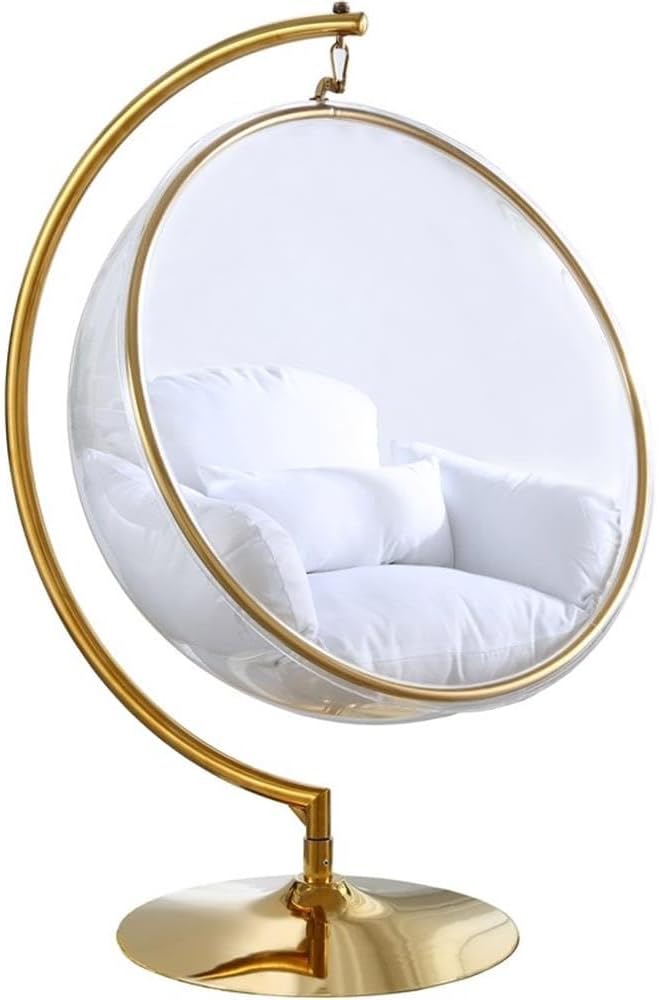 Meridian Furniture Luna Collection Modern | Contemporary Clear Acrylic Accent Swing Chair with Gold Metal Base and Durable Fabric Seat, 41.5' W x 29.5' D x 64' H, White