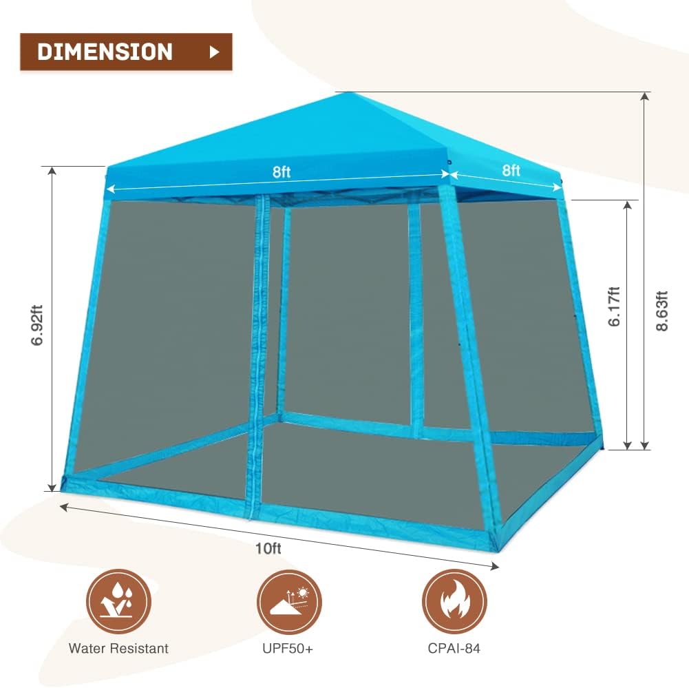 10x10 Pop Up Canopy Tent, Slant Leg Instant Screened Gazebo with Mesh Walls, UV Protection, Water Resistant, Light Blue