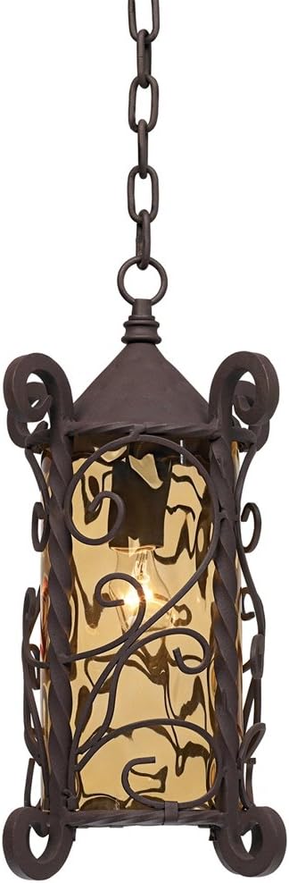 John Timberland Casa Seville Rustic Outdoor Hanging Ceiling Light Dark Walnut Scroll 15' Champagne Water Glass Damp Rated for Exterior House Porch Patio Outside Deck Garage Front Door Home Gazebo