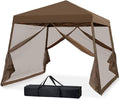 10x10 Pop Up Canopy Tent, Slant Leg Instant Screened Gazebo with Mesh Walls, UV Protection, Water Resistant, Brown