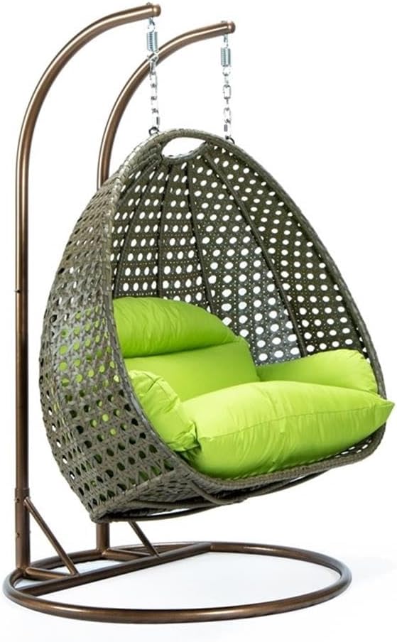 LeisureMod 2 Person Wicker Egg Chair Outdoor Indoor Bedroom Patio Hanging Lounge Swing Hammock Chairs with Beige Stand and UV Resistant Cushions (Light Green)