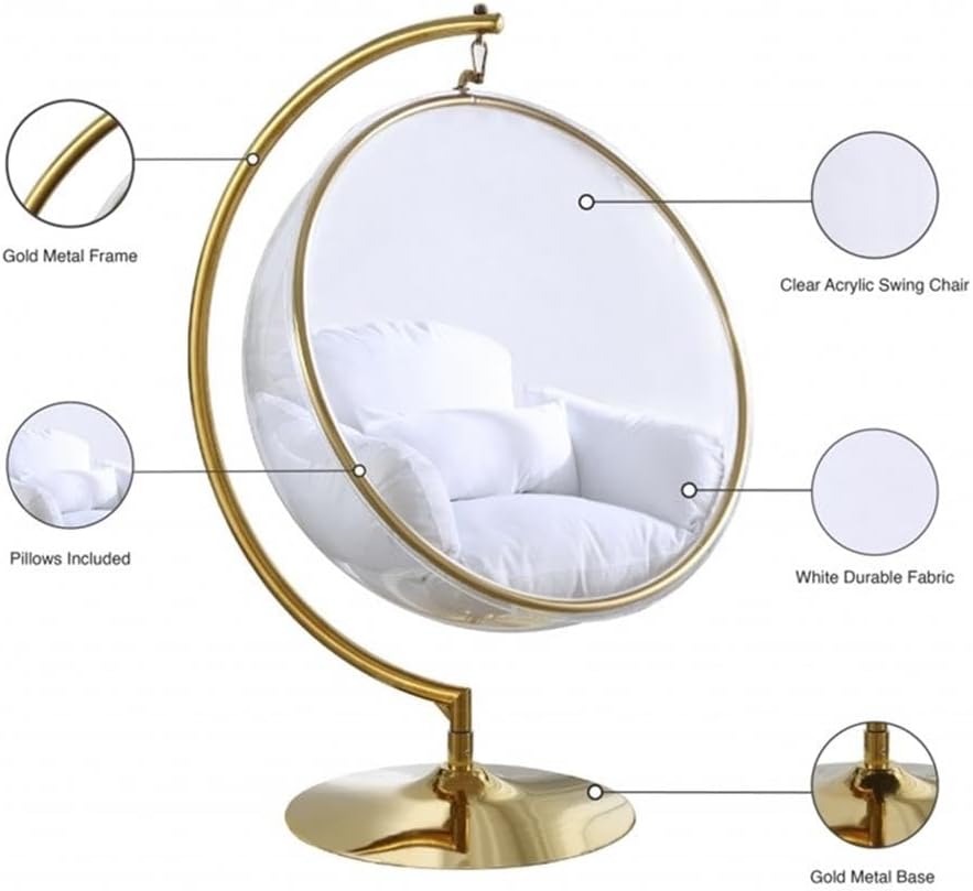 Meridian Furniture Luna Collection Modern | Contemporary Clear Acrylic Accent Swing Chair with Gold Metal Base and Durable Fabric Seat, 41.5' W x 29.5' D x 64' H, White
