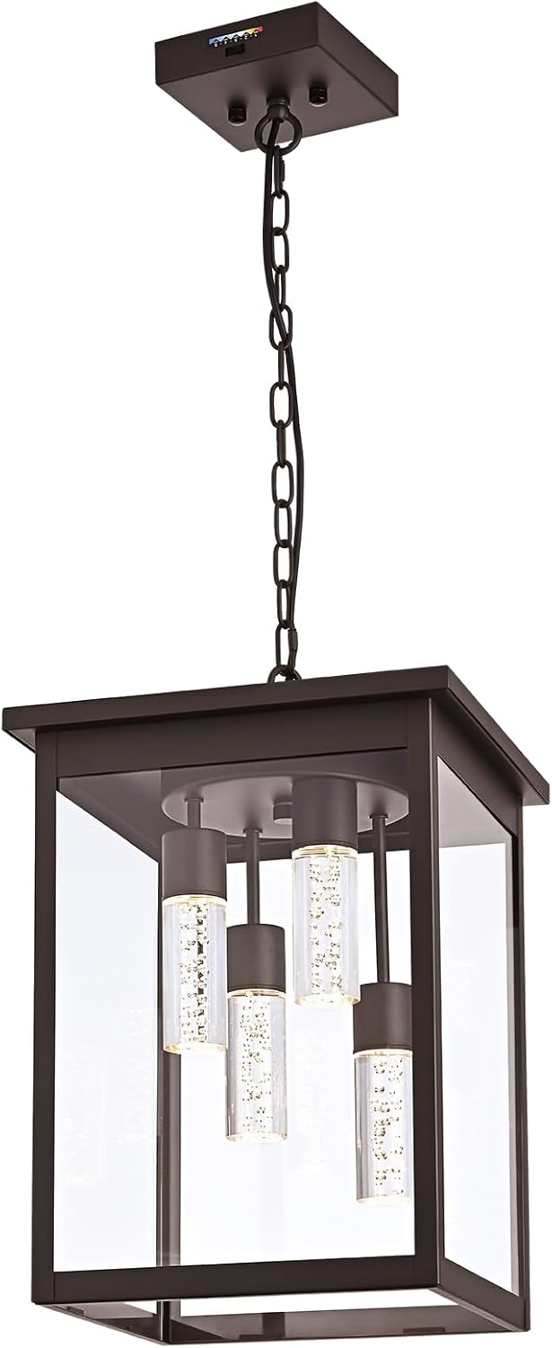 Yaohong 16.7' Large 5CCT LED Outdoor Pendant Light, 4-Lights Modern Oil Rubbed Bronze Hanging Ceiling Fixture with Acrylic Column & Clear Glass, Weatherproof Chandelier for Porch Gazebo Patio Entryway