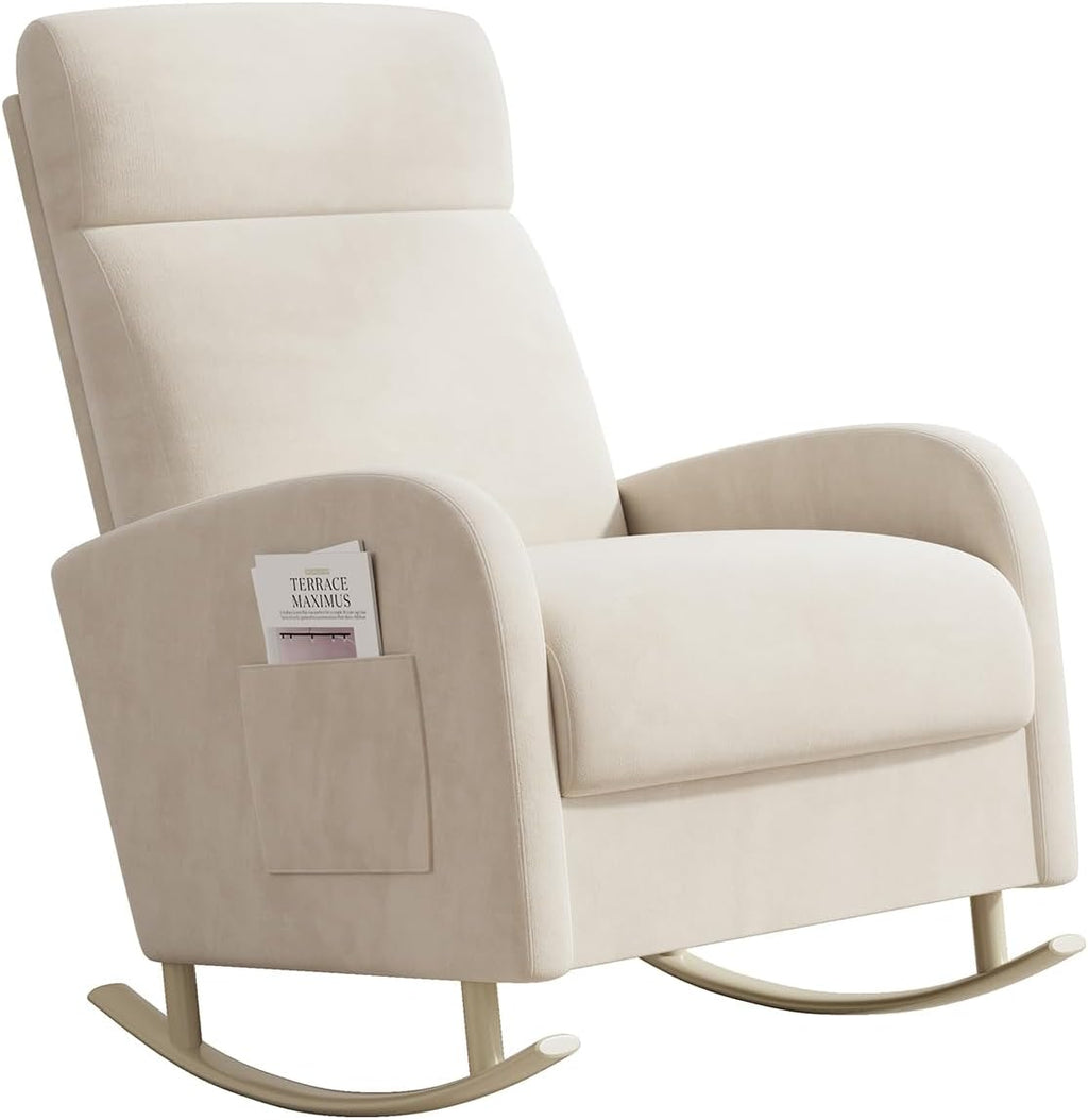 HIPIHOM Rocking Chair Nursery, Upholstered Glider Chair with Side Pocket, Modern Nursery Chair with High Backrest and Rubber Metail Legs, Accent Armchair for Living Room Bedroom Indoor (Beige Velvet)