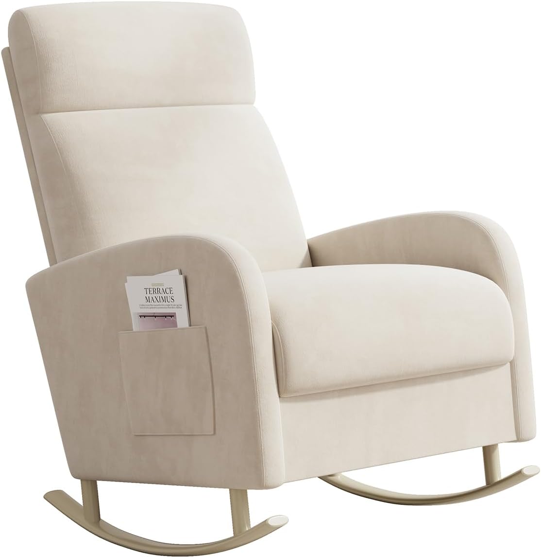 HIPIHOM Rocking Chair Nursery, Upholstered Glider Chair with Side Pocket, Modern Nursery Chair with High Backrest and Rubber Metail Legs, Accent Armchair for Living Room Bedroom Indoor (Beige Velvet)