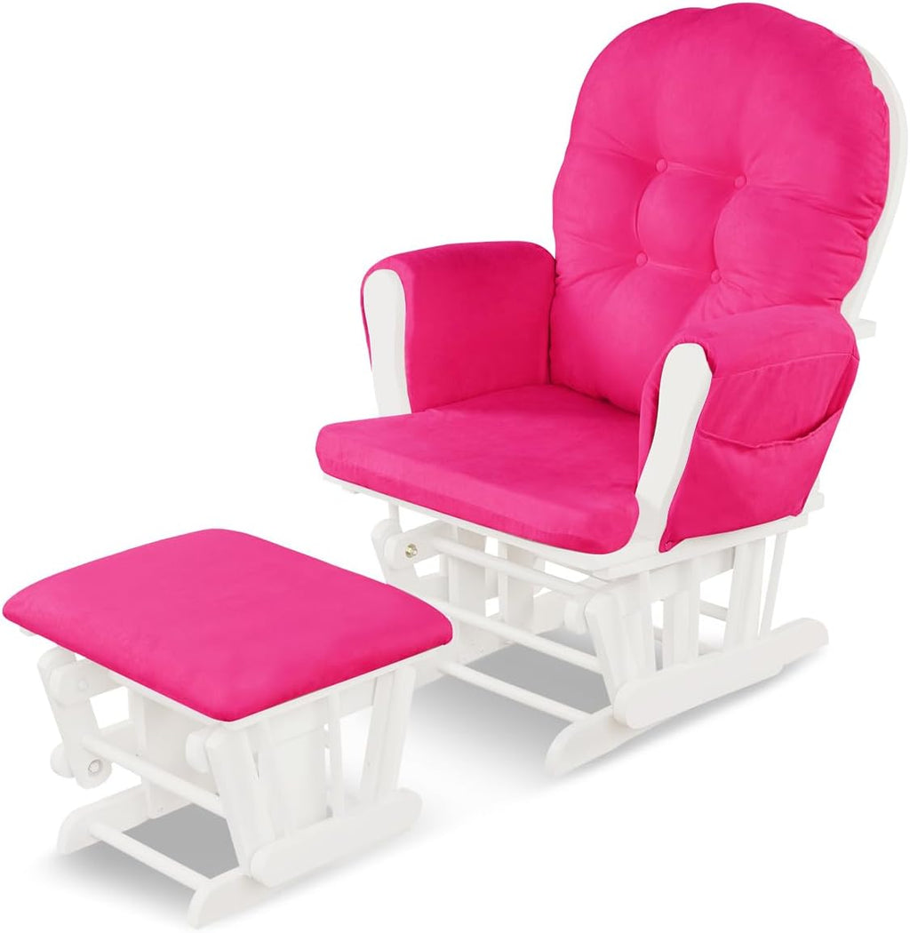 Costzon Nursery Glider with Ottoman, Upholstered Comfort Glider Rocker with Padded Cushion, Storage Pocket, Solid Wood Base, Rocking Chair Nursery for Breastfeeding, Napping (Deep Pink)
