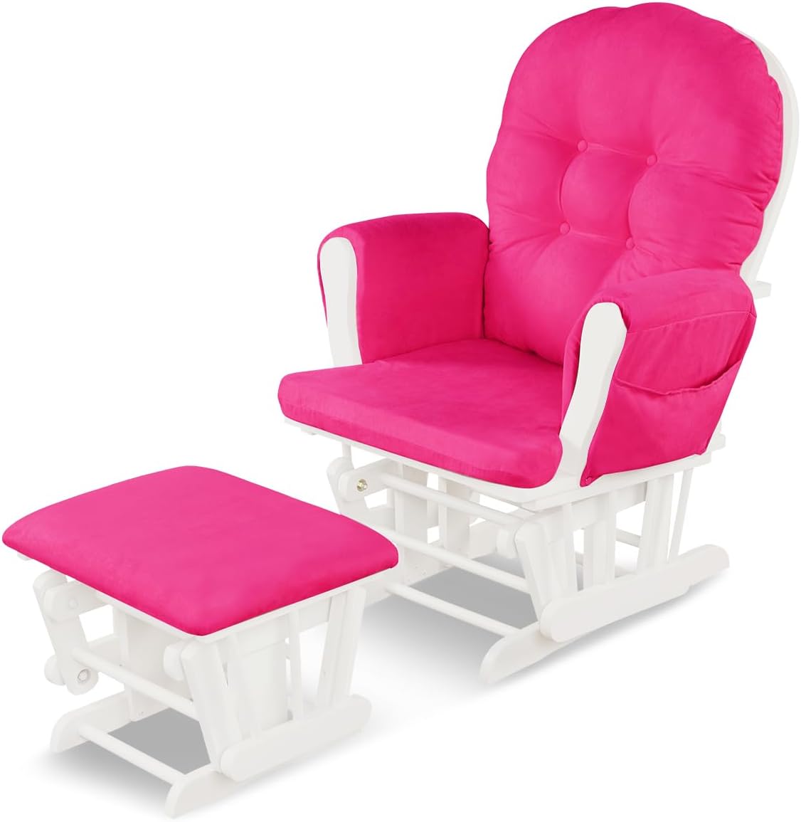 Costzon Nursery Glider with Ottoman, Upholstered Comfort Glider Rocker with Padded Cushion, Storage Pocket, Solid Wood Base, Rocking Chair Nursery for Breastfeeding, Napping (Deep Pink)