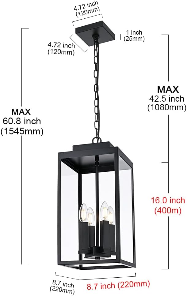 MELUCEE Large Outdoor Pendant Light Fixtures 4-Light, Farmhouse Exterior Hanging Lantern Porch Light, Black Hanging Lamp Ceiling Mount Outdoor Chandelier for Porch Patio Gazebo Entrance