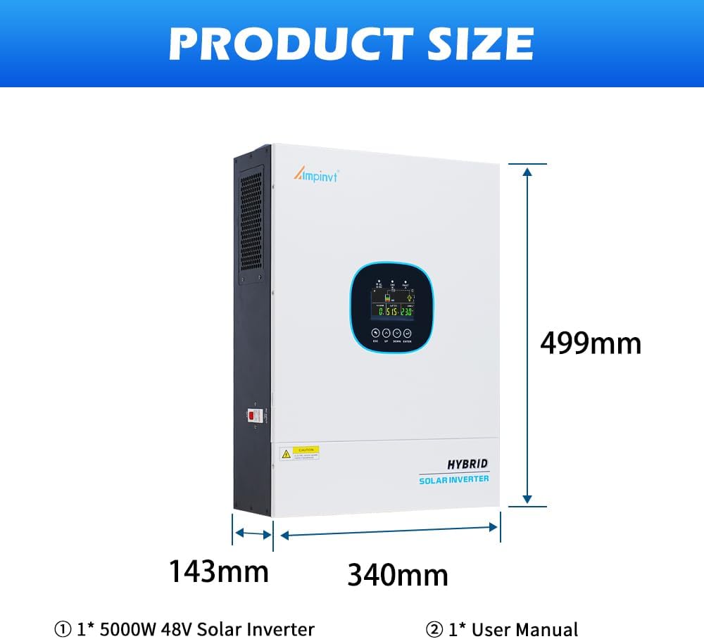Ampinvt 5000W Off Grid Hybrid Solar Inverter 48Vdc to 110/120Vac, inbuilt 100A MPPT Solar Charger, Max PV Input 5500W 500Vdc, Support up to 6 in Parallel, Lead Acid Lithium Battery, Home use