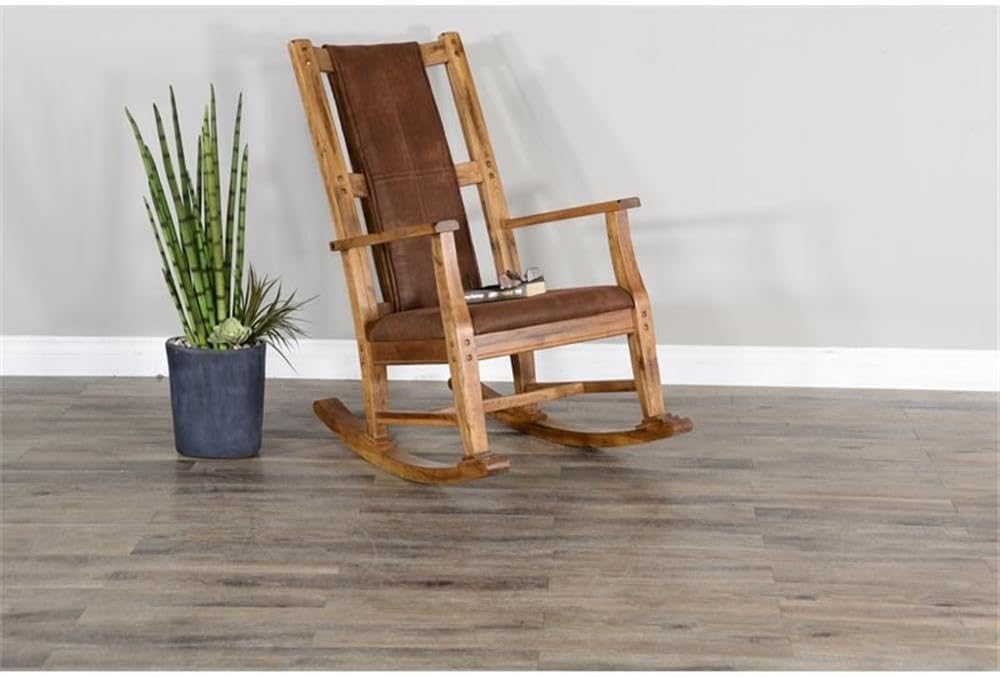 Pemberly Row Mahogany Rocking Chair with Cushioned Seat and Back, Studded Accents, Smooth Rocking Motion, Rustic Oak