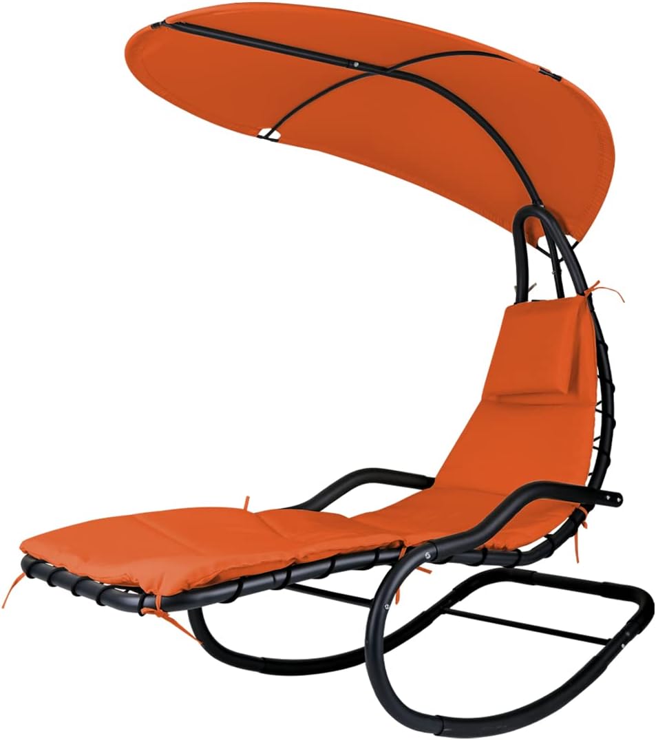 Outdoor Hammock Rocking Chaise Lounge Swing Chair, with Stand and Canopy, Porch Swing w/Soft Cushion Removable Headrest, Outdoor Recliner Rocking Chair for Garden Backyard Poolside (Orange)