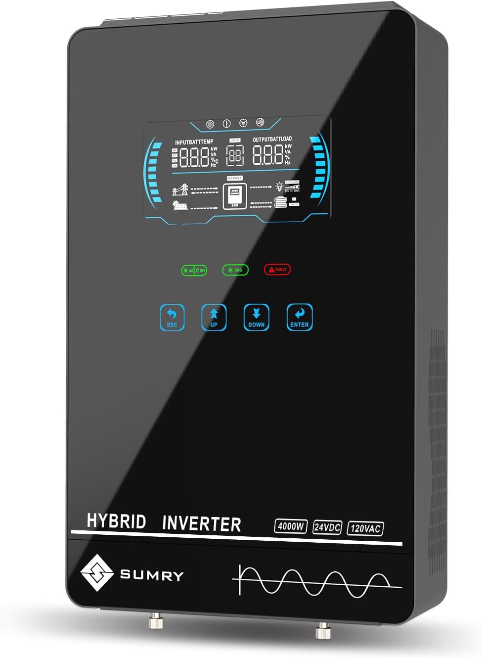 SUMRY Hybrid Solar Inverter, 4000W DC 24V to AC 120V Pure Sine Wave Power Converter, Glass Top Cover with LCD Display, 140A MPPT Charge Controller, Supports Battery-Less or AGM Lithium Battery