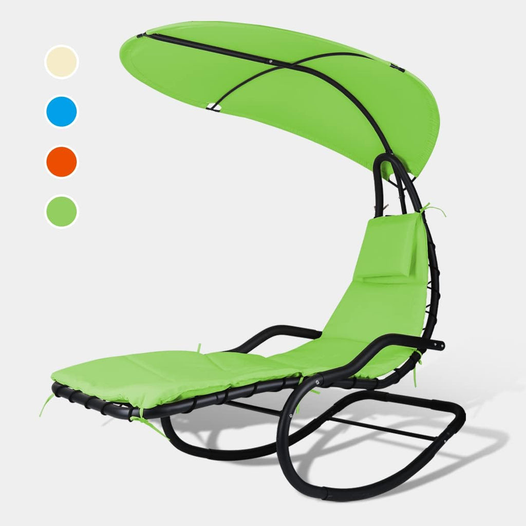 Outdoor Hammock Rocking Chaise Lounge Swing Chair, with Stand and Canopy, Porch Swing w/Soft Cushion Removable Headrest, Outdoor Recliner Rocking Chair for Garden Backyard Poolside (Green)