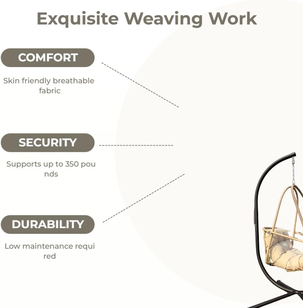 JESE Swing Egg Chair with Stand - UV Resistant & Waterproof Cushion Included, with Cup Holder - Indoor/Outdoor Hanging Hammock Chair Suitable for Patio, Bedroom, Balcony, Garden (Khaki)