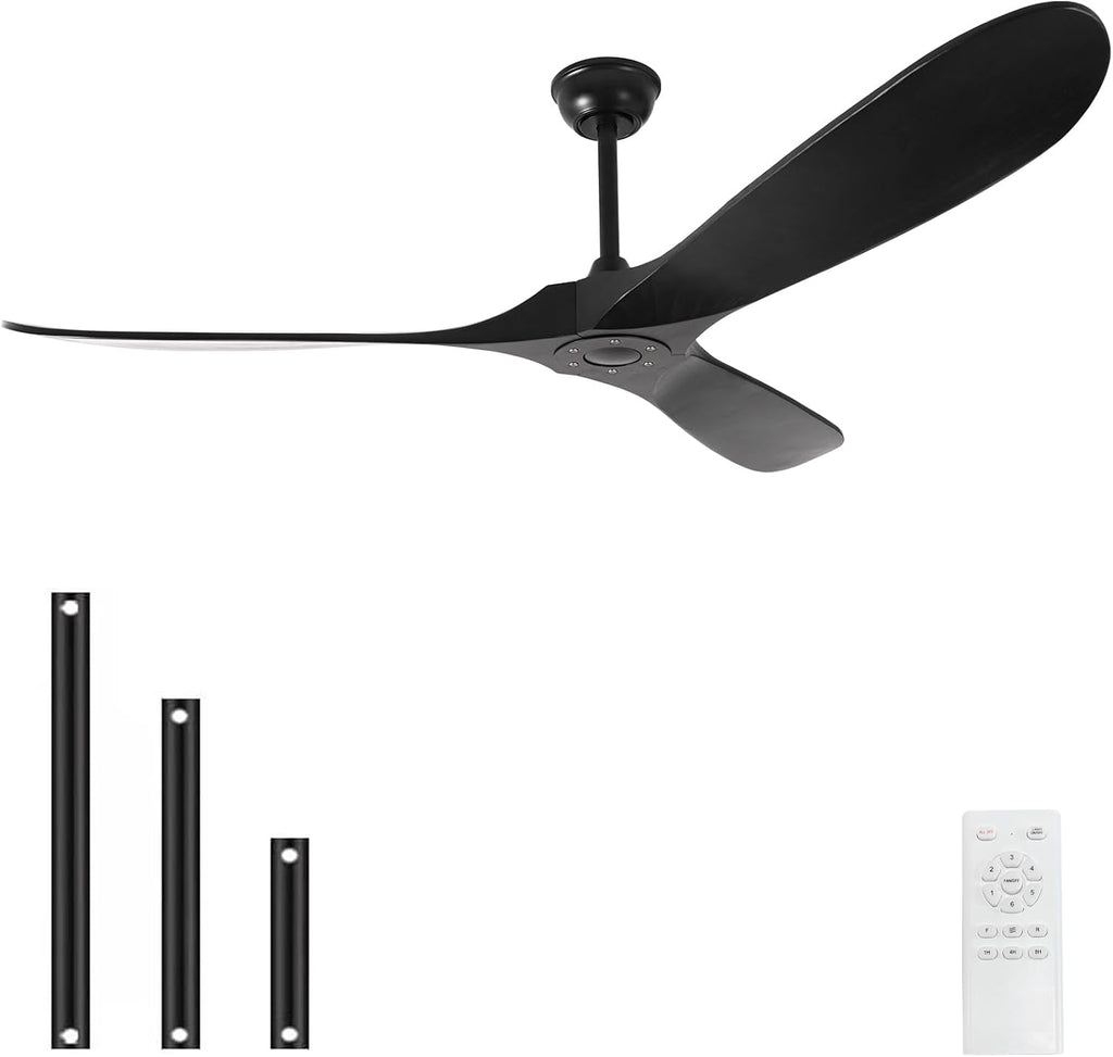 60'' Solid Wood Ceiling Fans without Light,Black Ceiling Fan with Quiet and Large Airflow DC Motor,Outdoor Ceiling Fan for Patio,Garage,Bedroom