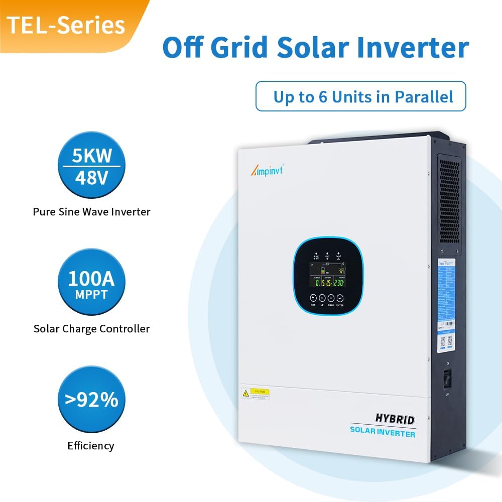 Ampinvt 5000W Off Grid Hybrid Solar Inverter 48Vdc to 110/120Vac, inbuilt 100A MPPT Solar Charger, Max PV Input 5500W 500Vdc, Support up to 6 in Parallel, Lead Acid Lithium Battery, Home use