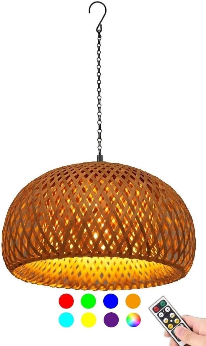 15'' Battery Operated Hanging Outdoor Chandelier with Remote,RGB Color Rechargeable Pendant Light with Hook,Large Rattan Bamboo No Wiring Hanging lamp Lantern for Porch Patio Gazebo Garden Yard