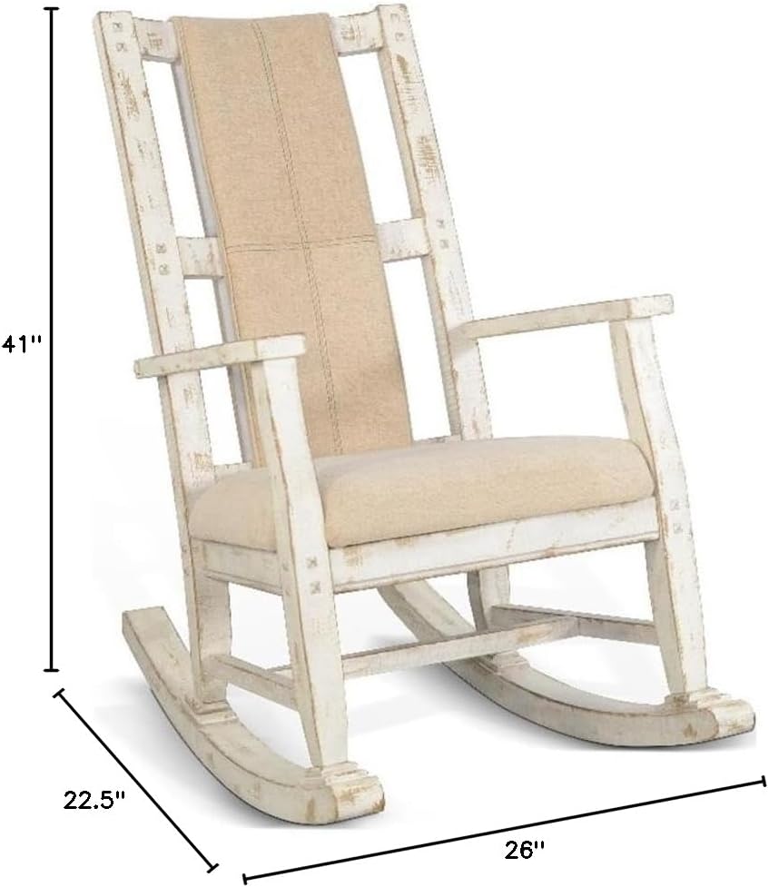 Pemberly Row Mahogany Rocking Chair with Cushioned Seat and Back, Studded Accents, Smooth Rocking Motion, White