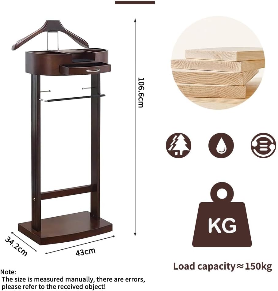 Wood Suit Valet Stand With Drawer Top Tray Freestanding Clothing Valet Stand Suit With Contour Hanger Trouser Bar Tie & Belt Hooks And Shoe Rack Clothes Rack Organizer Storage (Dark Brown B)
