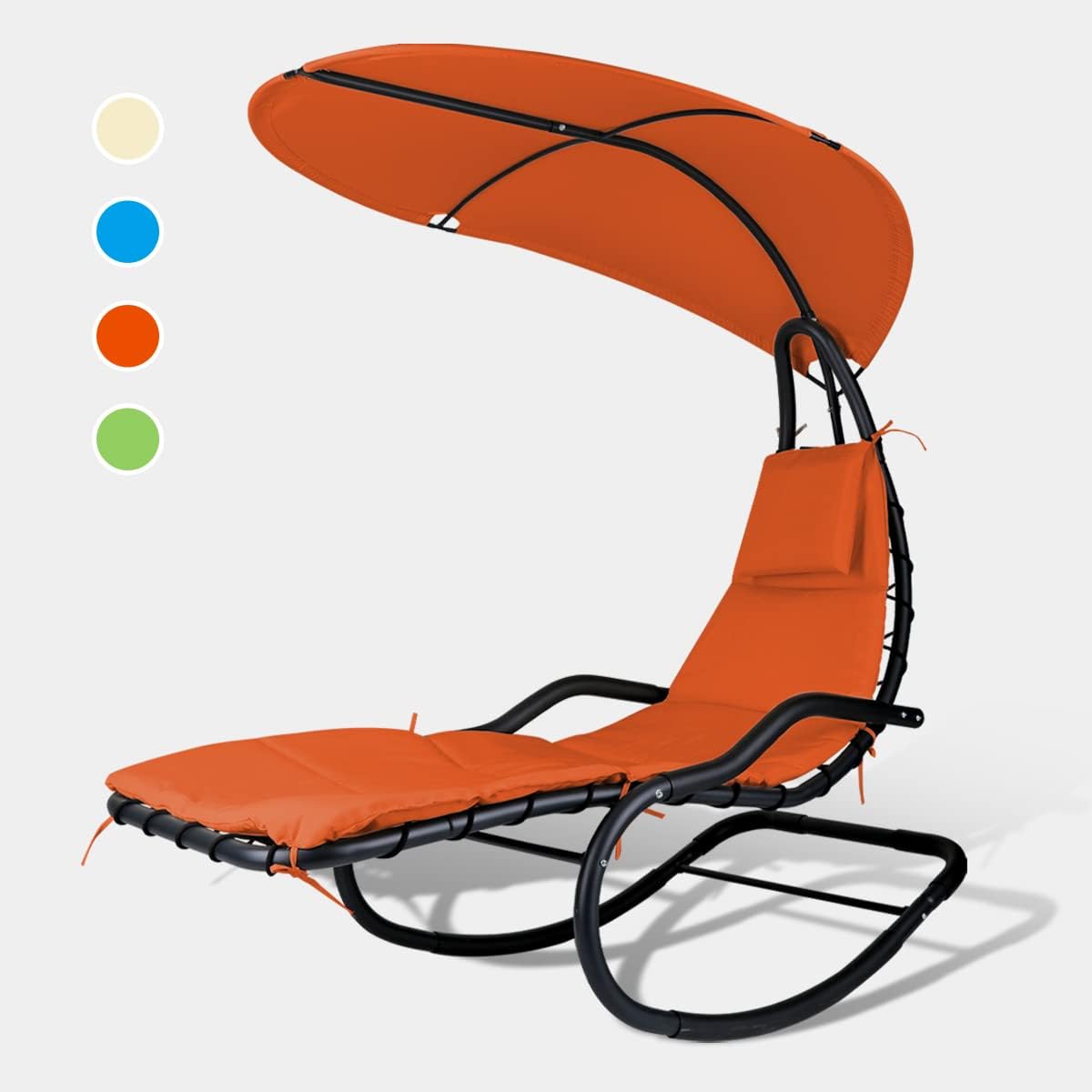 Outdoor Hammock Rocking Chaise Lounge Swing Chair, with Stand and Canopy, Porch Swing w/Soft Cushion Removable Headrest, Outdoor Recliner Rocking Chair for Garden Backyard Poolside (Orange)