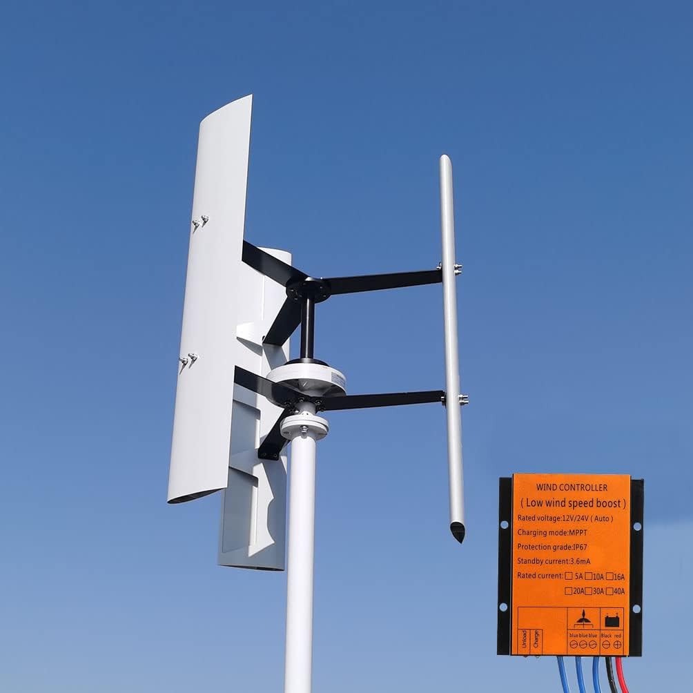 800W 24V Wind Turbine Generator VAWT 3 Blades Vertical Axis Wind Turbine Kit 2m/s Low Wind Speed Starting Wind Power Generator with MPPT Controller for Home Industrial Camping Boat Use