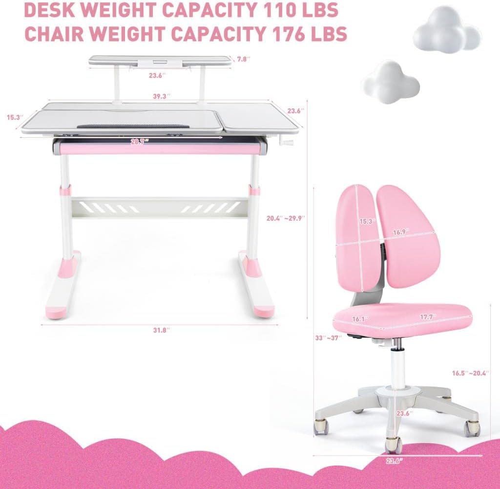 COSVALVE Premium Kids Study Desk and Chair Set,Adjustable Girls School Writing Study Table,Ergonomic Desk Chair with Large Writing Board Pull Out Drawer Bookstand Pink
