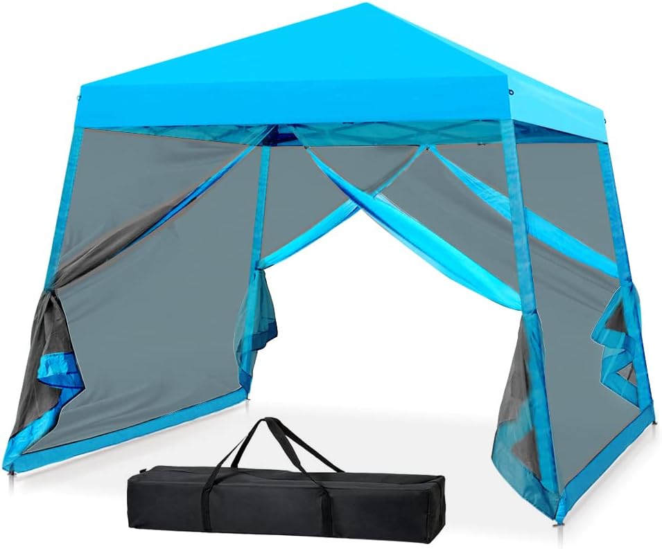 10x10 Pop Up Canopy Tent, Slant Leg Instant Screened Gazebo with Mesh Walls, UV Protection, Water Resistant, Light Blue